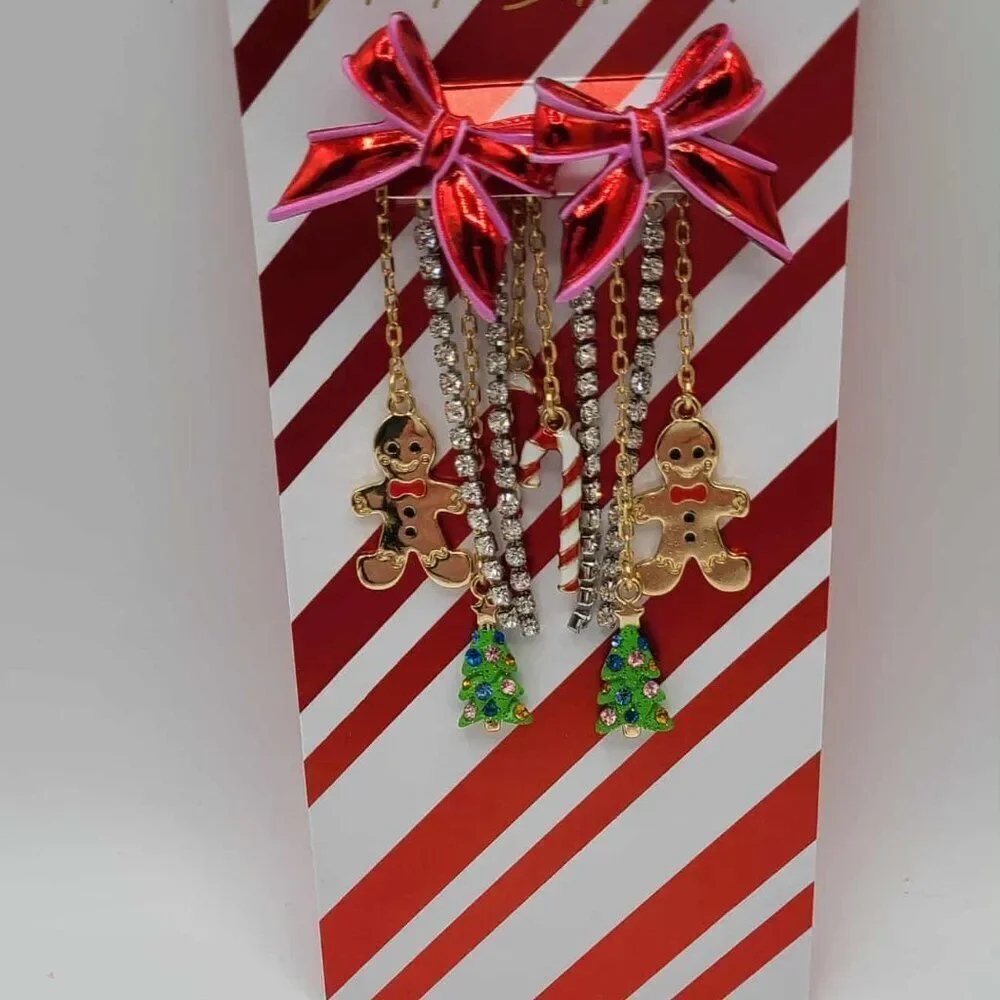 Betsey Johnson Red Bow Ginger Bread Man Tree Crystal Charm Earrings NWT!  NEW!